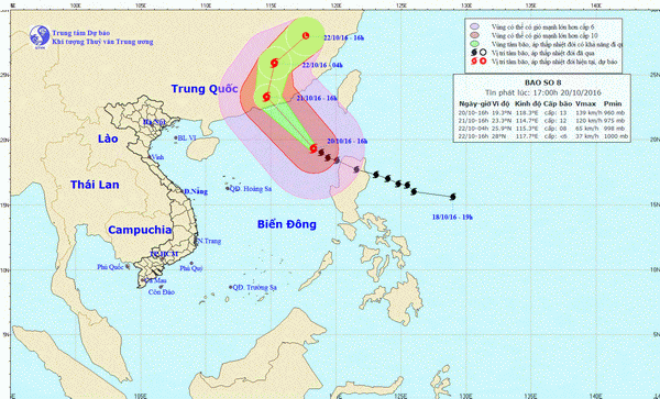 Chiều nay bão số 8 cách quần đảo Hoàng Sa khoảng 720km về phía Đông Đông Bắc